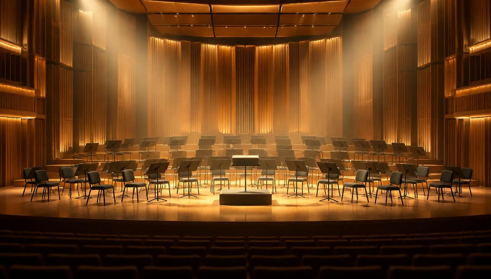 Empty concert hall stage with music stands in warm light