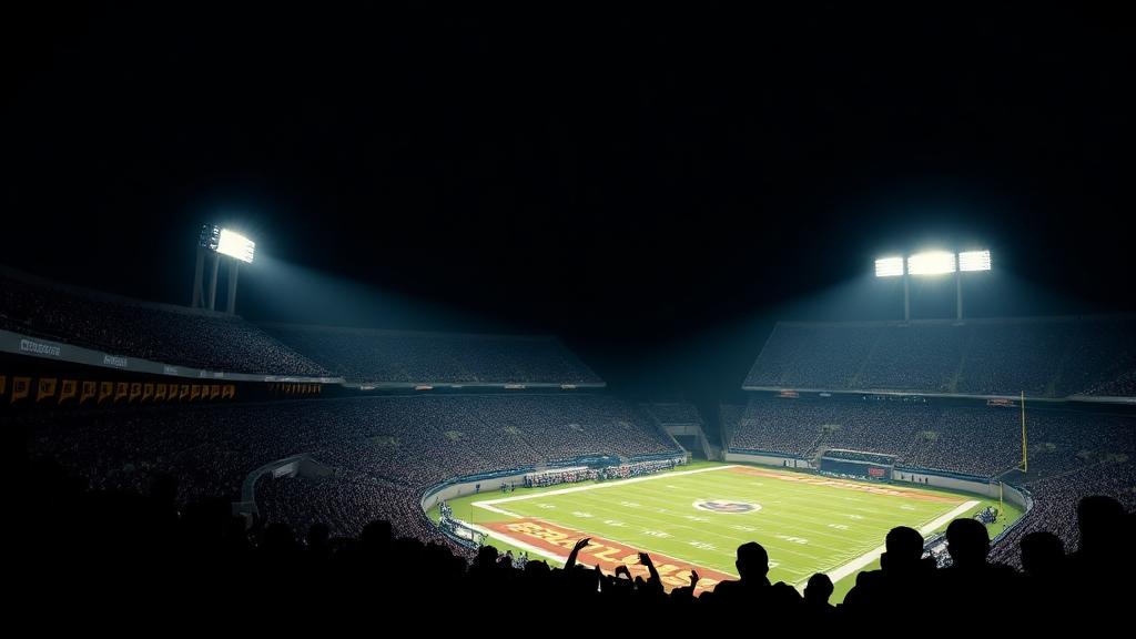 Floodlit college stadium at night