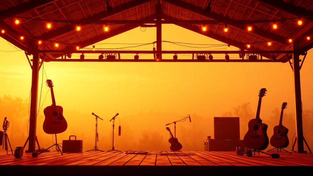 String lights over an open-air stage at dusk