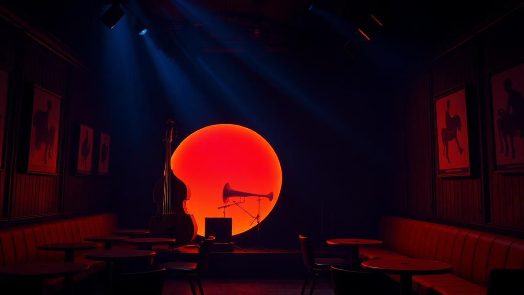Warm-lit club stage with upright bass silhouette