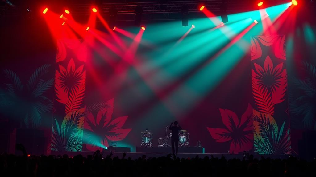 Red and teal stage lights with tropical patterns