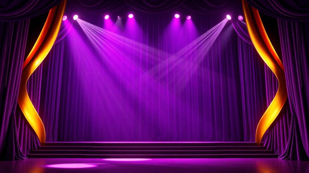 Violet stage lit between velvet curtains