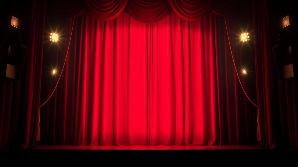 Red stage curtains under theater lights