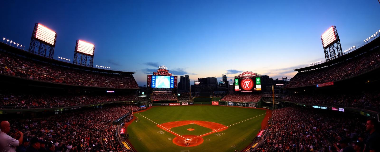 MLB Major League Baseball stadium at twilight with batter at home plate and packed stands