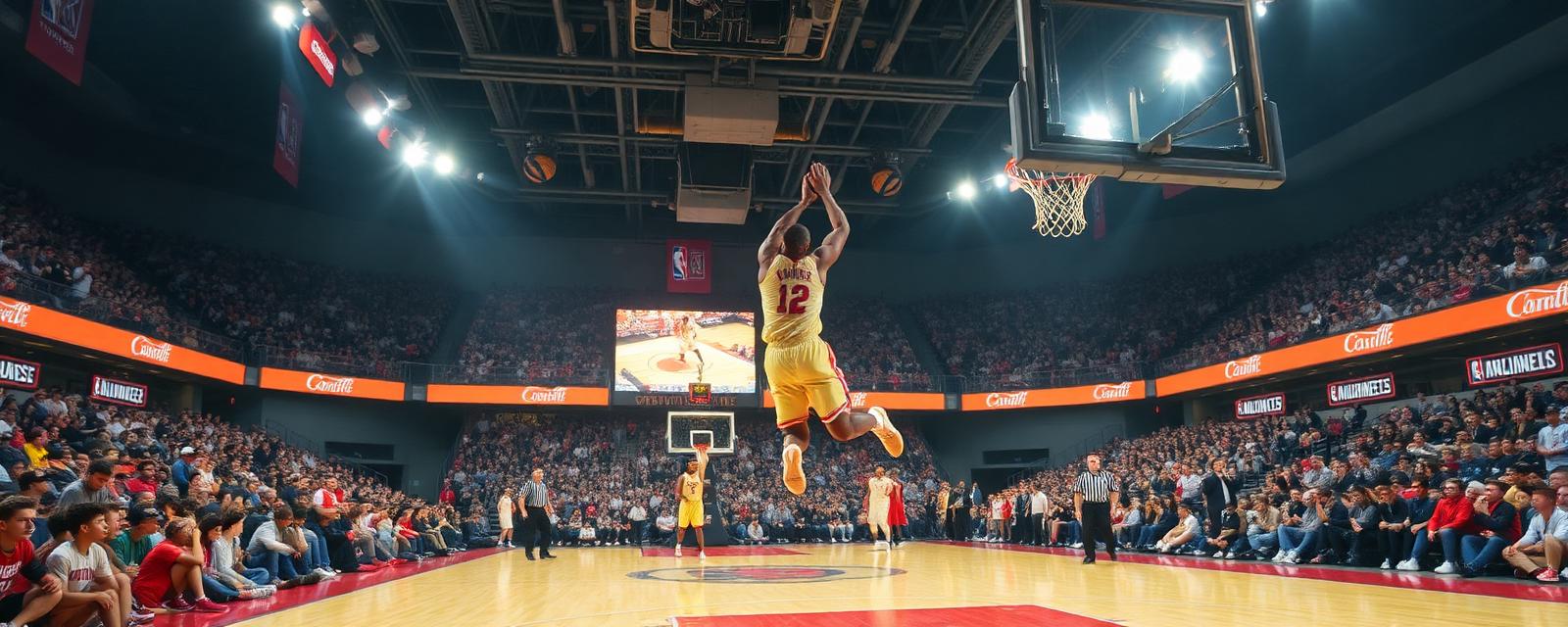 NBA basketball arena with player dunking under spotlights in front of packed crowd