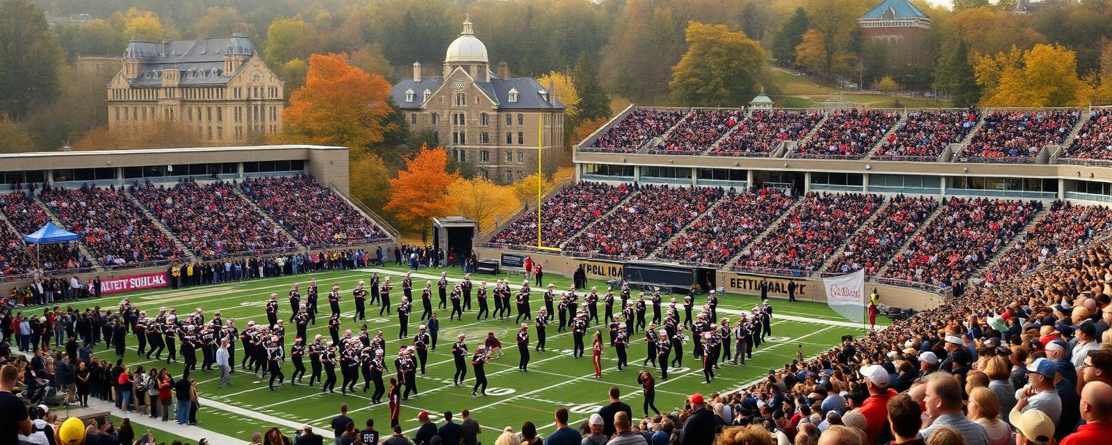 College football stadium with marching band performing on field, packed student section