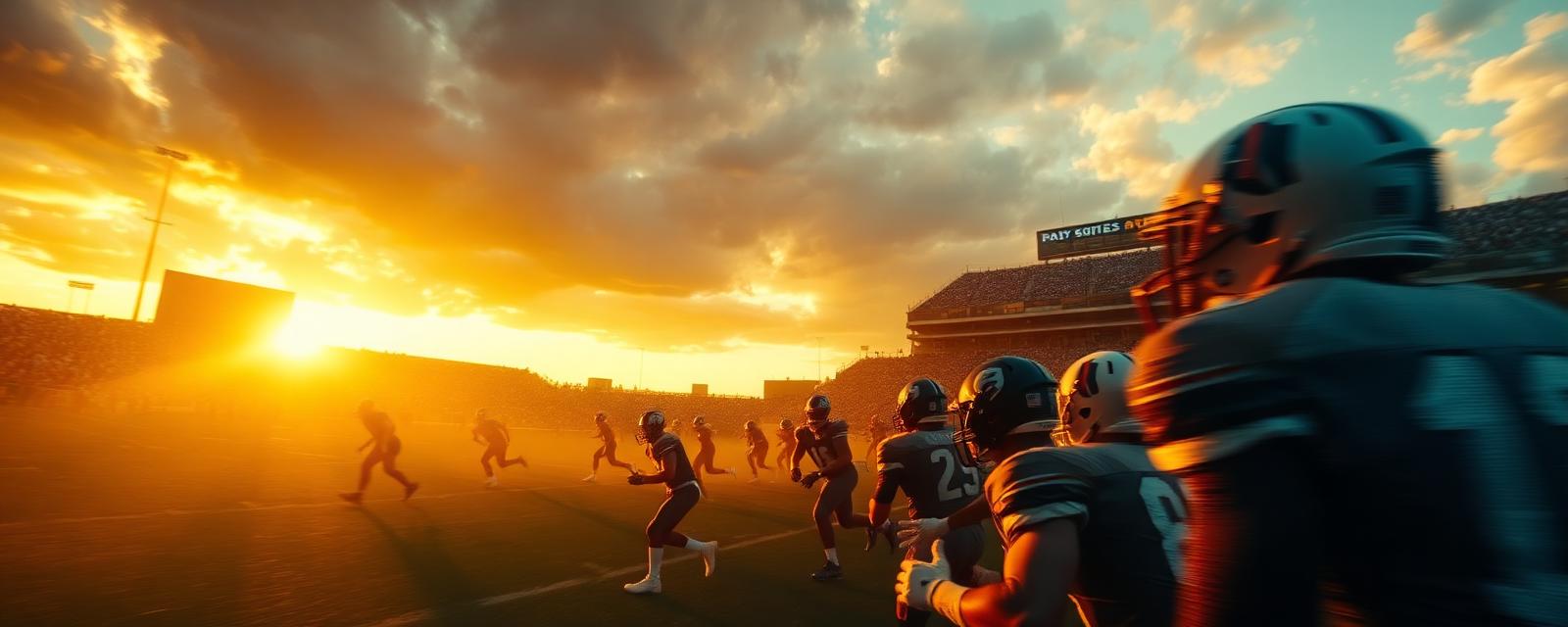 NFL professional American football stadium at golden hour with players in action
