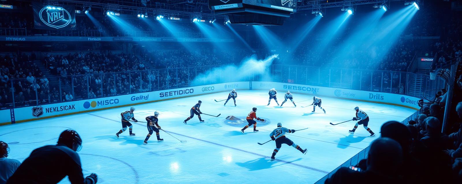 NHL ice hockey rink with players battling for the puck under arena lights