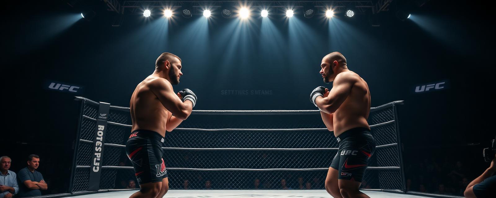 MMA octagon cage with two mixed martial arts fighters squaring off under spotlights