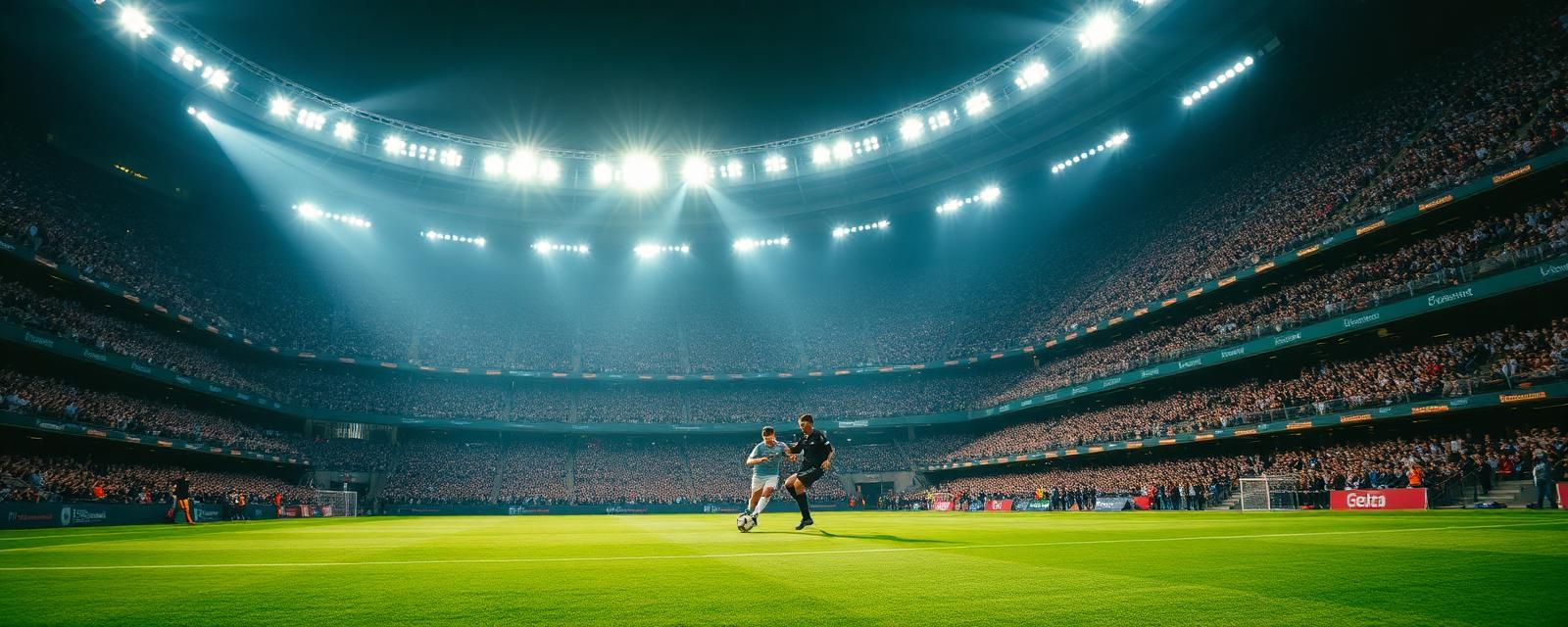 Soccer football stadium packed with fans, players competing on green pitch under floodlights