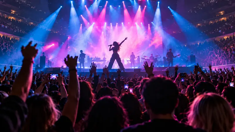 Crowd watching a live singer perform under vivid concert lights