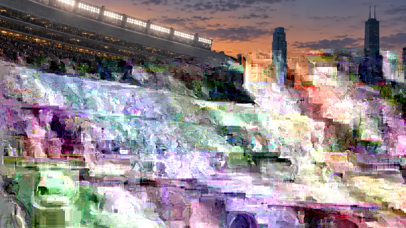 Fans watching a football game in a packed stadium at dusk